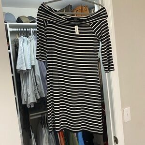 Black and White Striped Off the Shoulder Dress